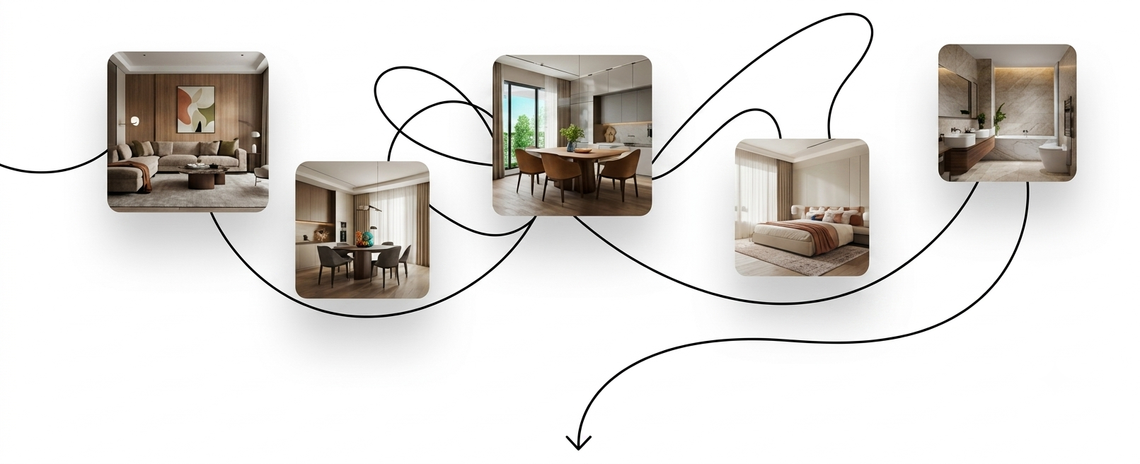 Five room photos joined by a hand-drawn arrow pointing at the tour below